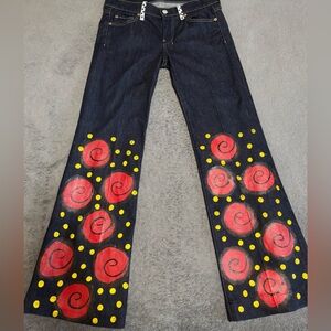 7 For All Mankind Dark Blue Denim Jeans with Red and Yellow Swirl Design